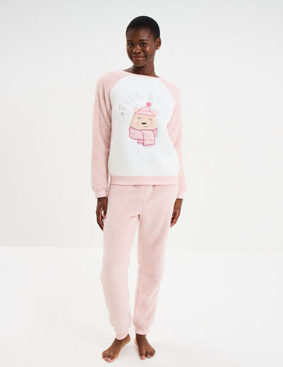 Ensemble pyjama effet polaire 2 pi&egrave;ces rose femme