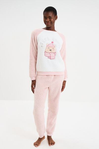 Ensemble pyjama effet polaire 2 pi&egrave;ces rose femme