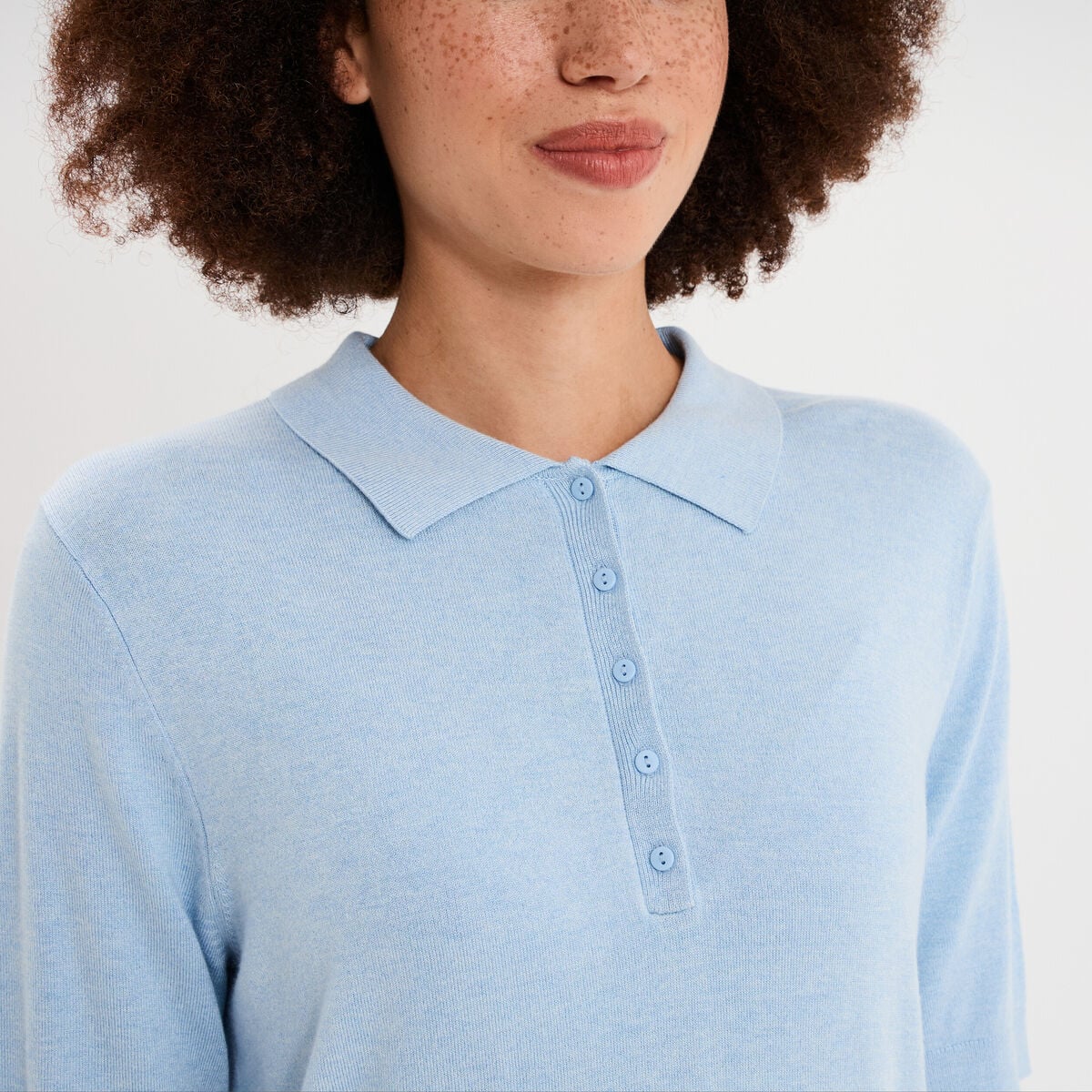 Pull col polo manches courtes bleu femme