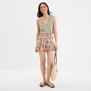 Short volanté fluide taille élastiquée camel femme