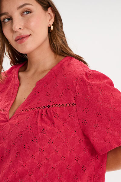 Blouse manches courtes broderie anglaise rose cerise femme grande taille