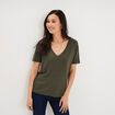 T-shirt fluide col en V manches courtes vert kaki femme