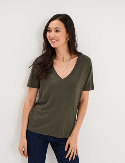 T-shirt fluide col en V manches courtes vert kaki femme