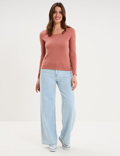 T-shirt coton col rond manches longues vieux rose femme