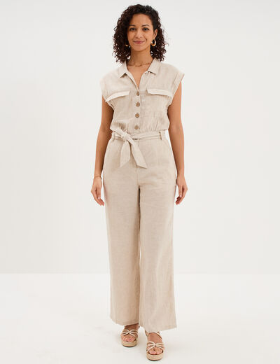 Combinaison pantalon lin m&eacute;lang&eacute; beige femme