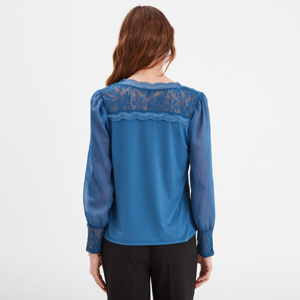 Blouse col en V détails dentelle bleu foncé femme