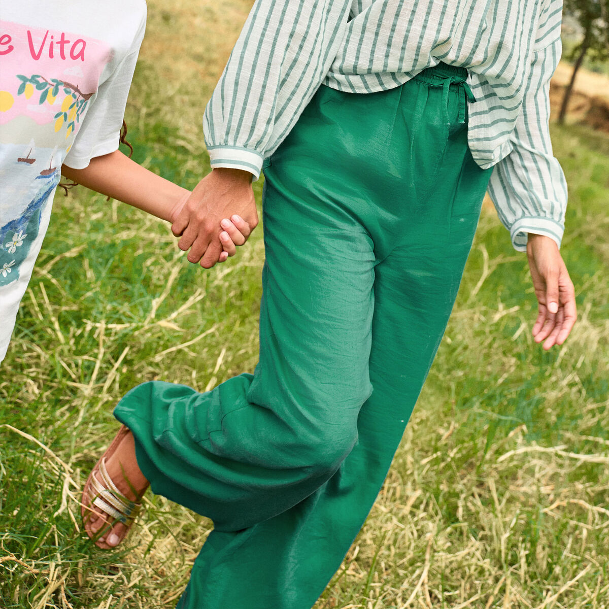 Pantalon large lin m&eacute;lang&eacute; vert canard femme