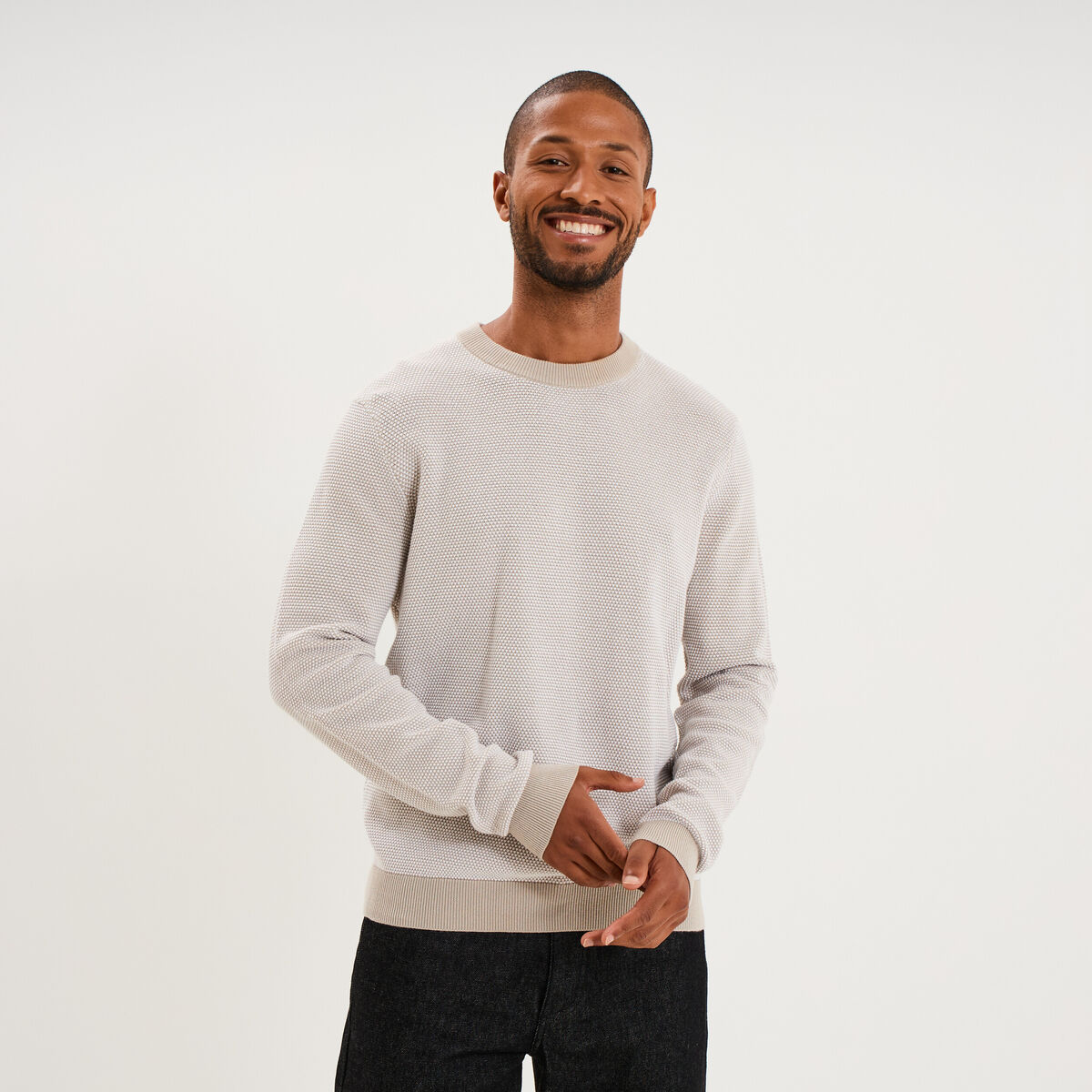 Pull col rond manches longues gris clair homme
