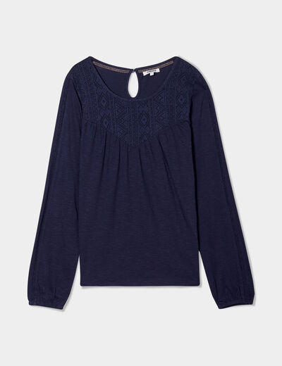 T-shirt détails dentelle Creeks bleu marine femme