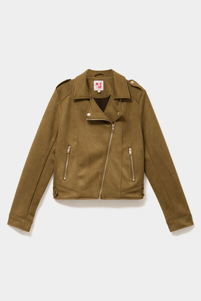 Veste biker en su&eacute;dine ajust&eacute;e vert kaki femme