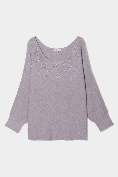 Pull perles strass manches avec fentes gris femme grande taille