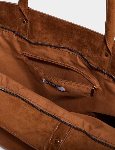 Sac cabas trap&egrave;ze effet su&eacute;dine camel femme