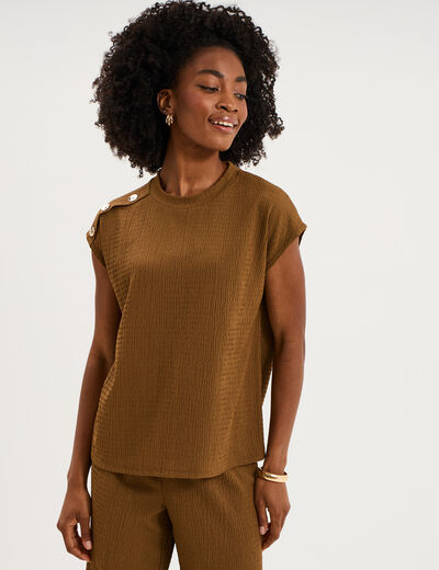 T-shirt gaufr&eacute; col rond avec boutons beige femme