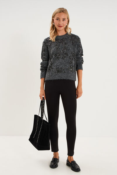 Pull &agrave; sequins et col rond gris fonc&eacute; femme