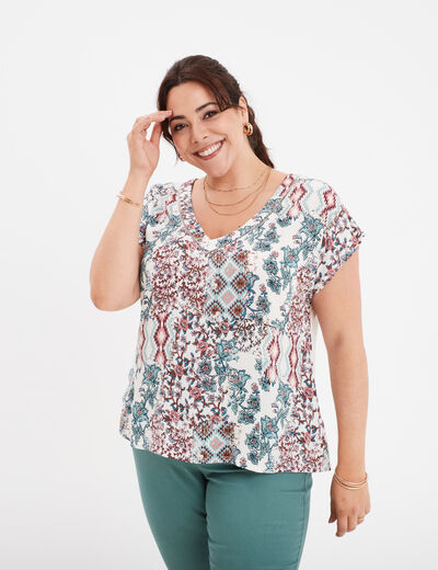 T-shirt col en V manches courtes ecru femme grande taille