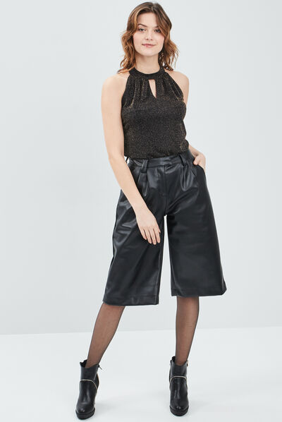 Jupe-Culotte large simili cuir noir femme