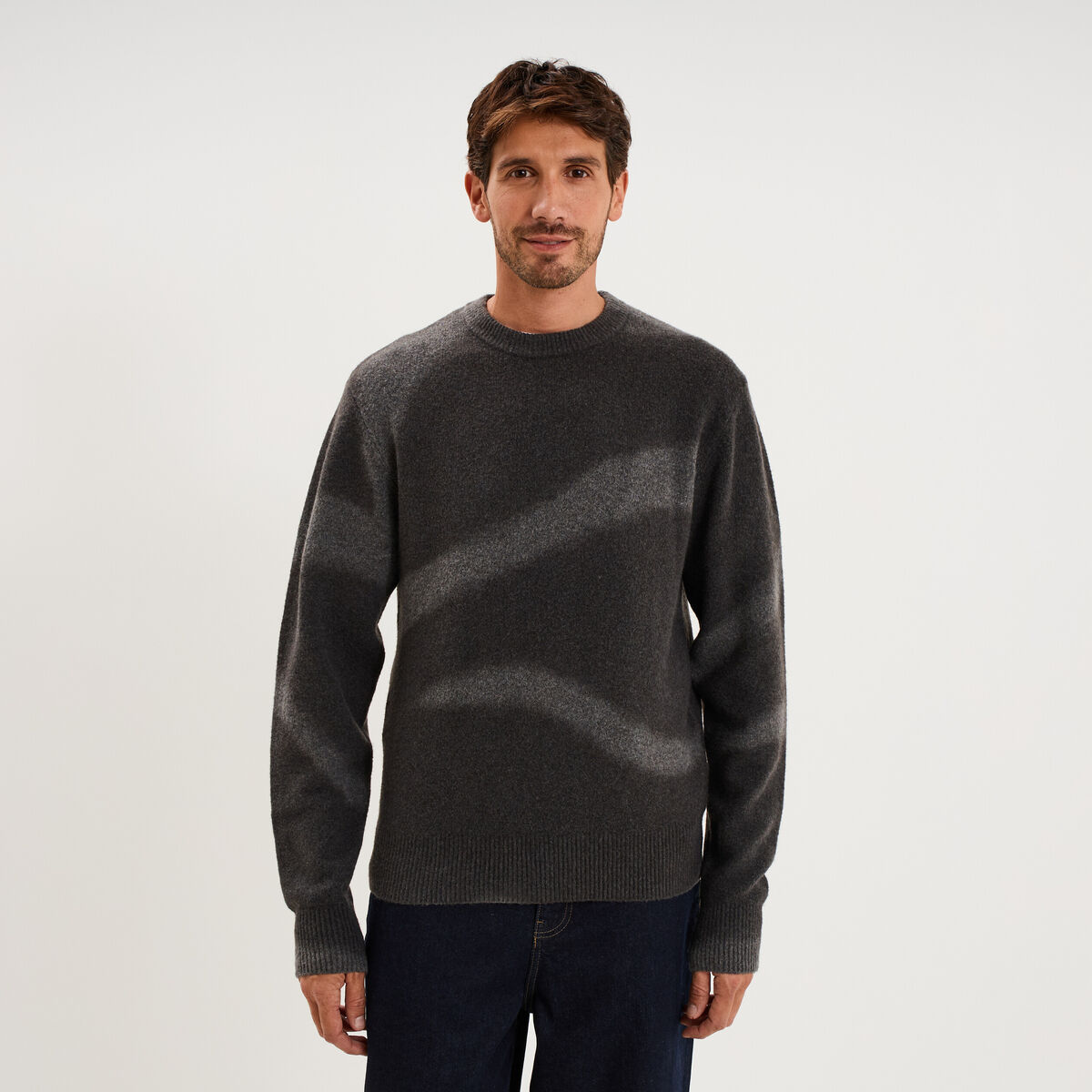Pull col rond manches longues gris fonc&eacute; homme