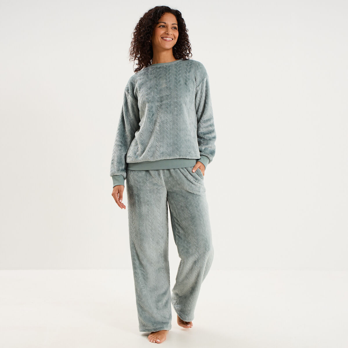 Pantalon effet polaire d&eacute;tails torsades bleu gris femme