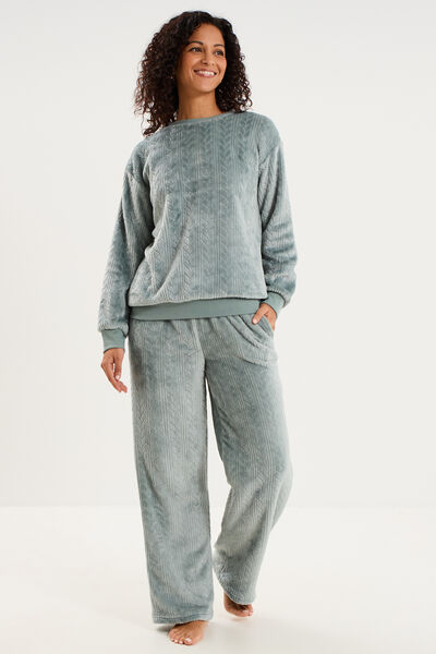 Pantalon effet polaire d&eacute;tails torsades bleu gris femme