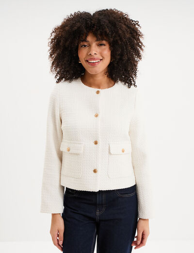 Veste effet tweed boutonn&eacute;e blanc femme