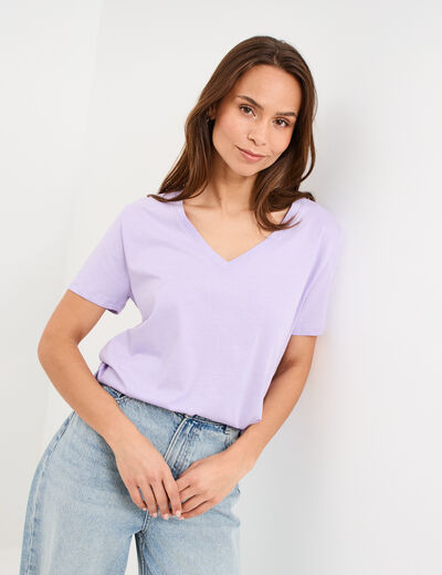 T-shirt manches courtes col en V coton parme femme