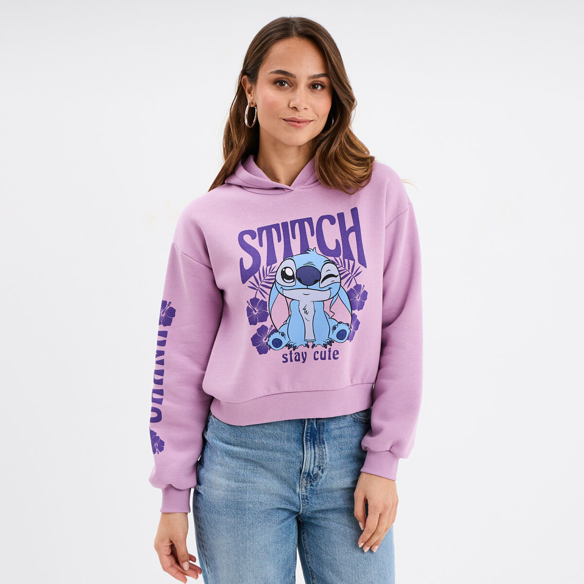 Sweat hoodie cropped &agrave; capuche Stitch parme femme