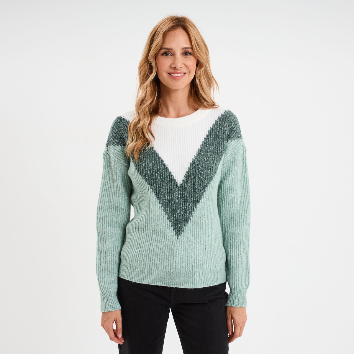 Pull manches longues col rond vert femme