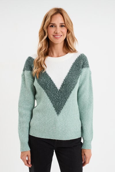Pull manches longues col rond vert femme