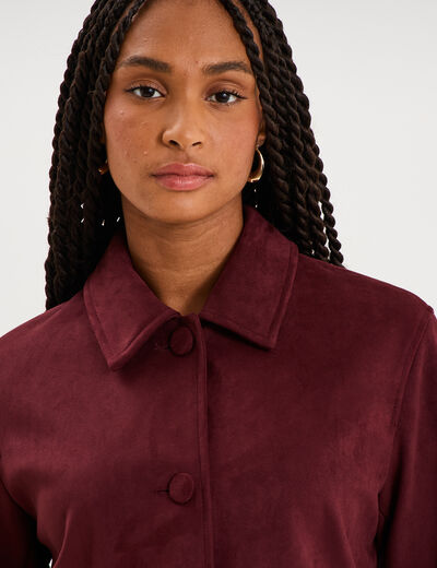 Veste paletot en su&eacute;dine boutonn&eacute;e violet fonc&eacute; femme