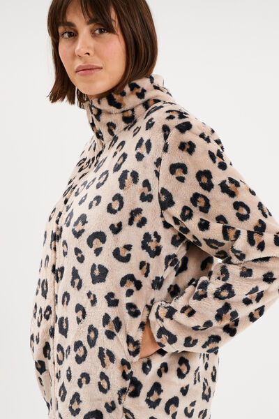 Veste de pyjama effet polaire zipp&eacute;e beige femme