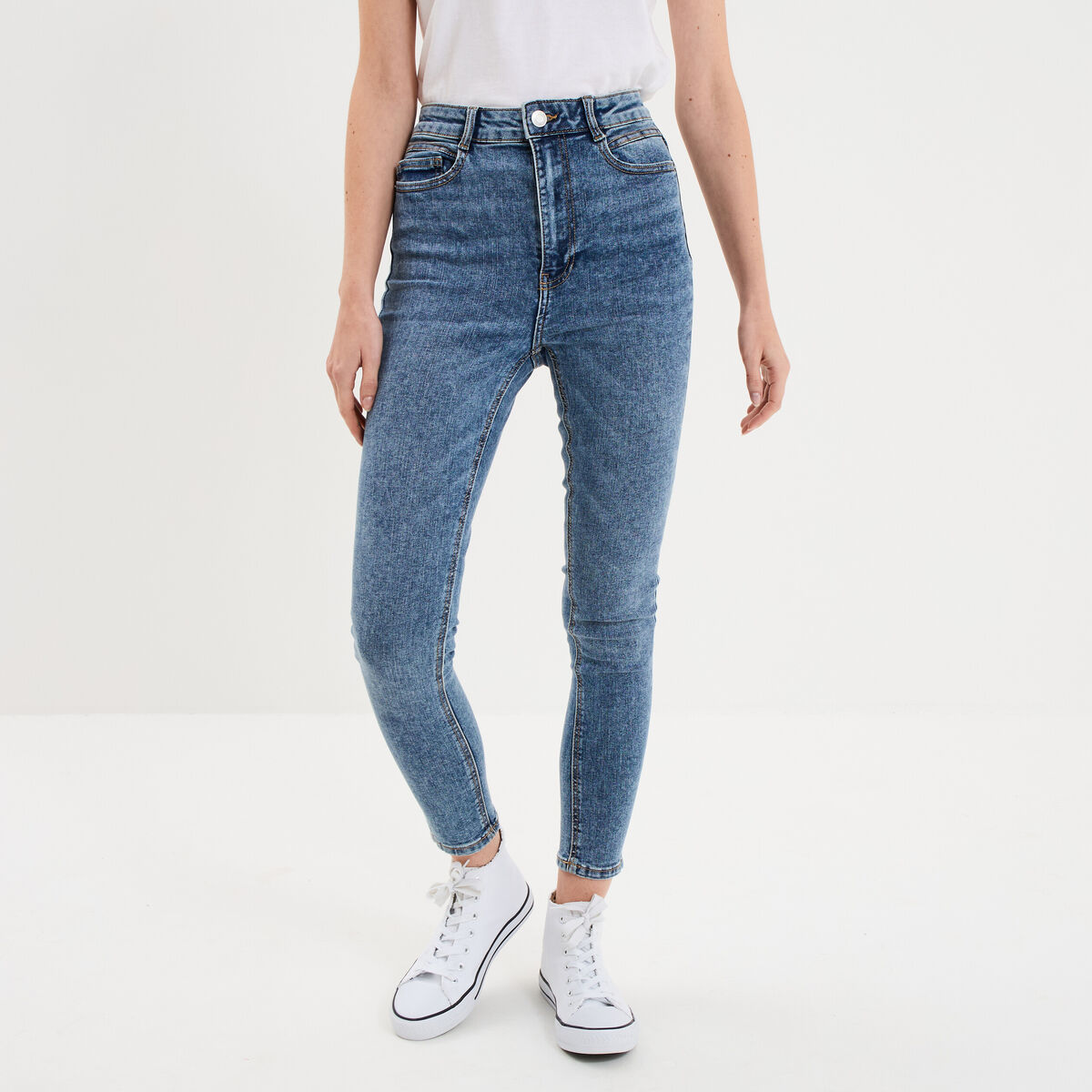 Jeans skinny taille haute cropped denim stone femme