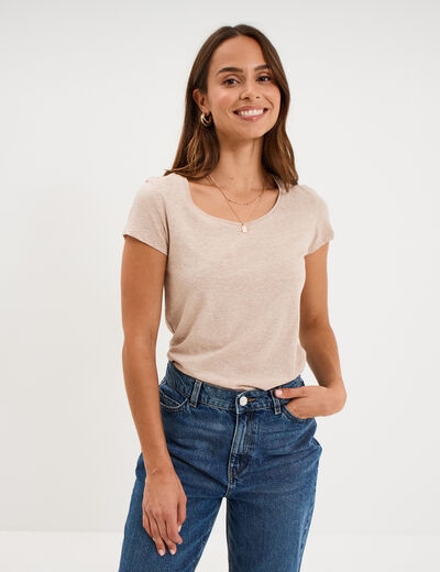 T-shirt coton col rond manches courtes beige femme