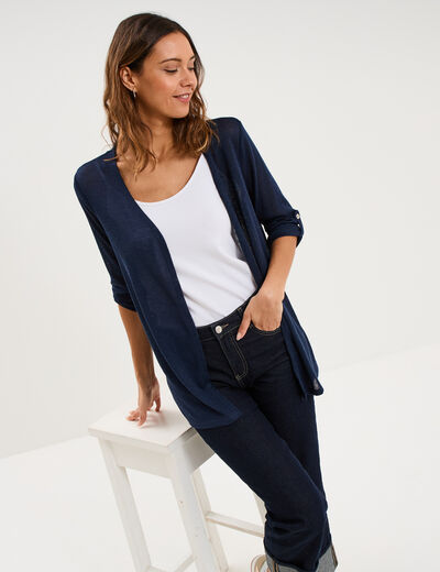 Gilet fin mi long manches 3/4 bleu marine femme