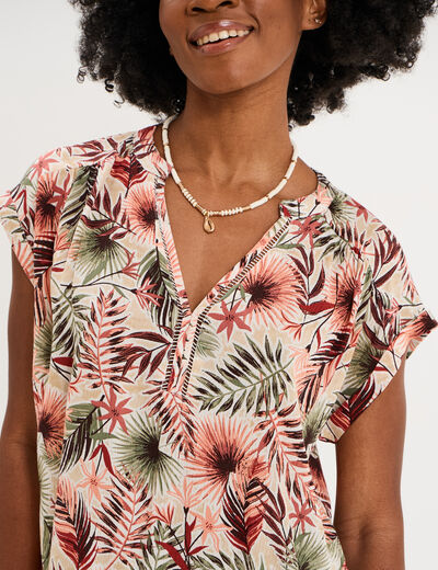 Blouse cr&eacute;pon manches courtes vert kaki femme