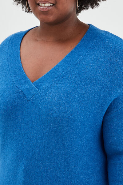 Pull col en V manches longues bleu femme grande taille