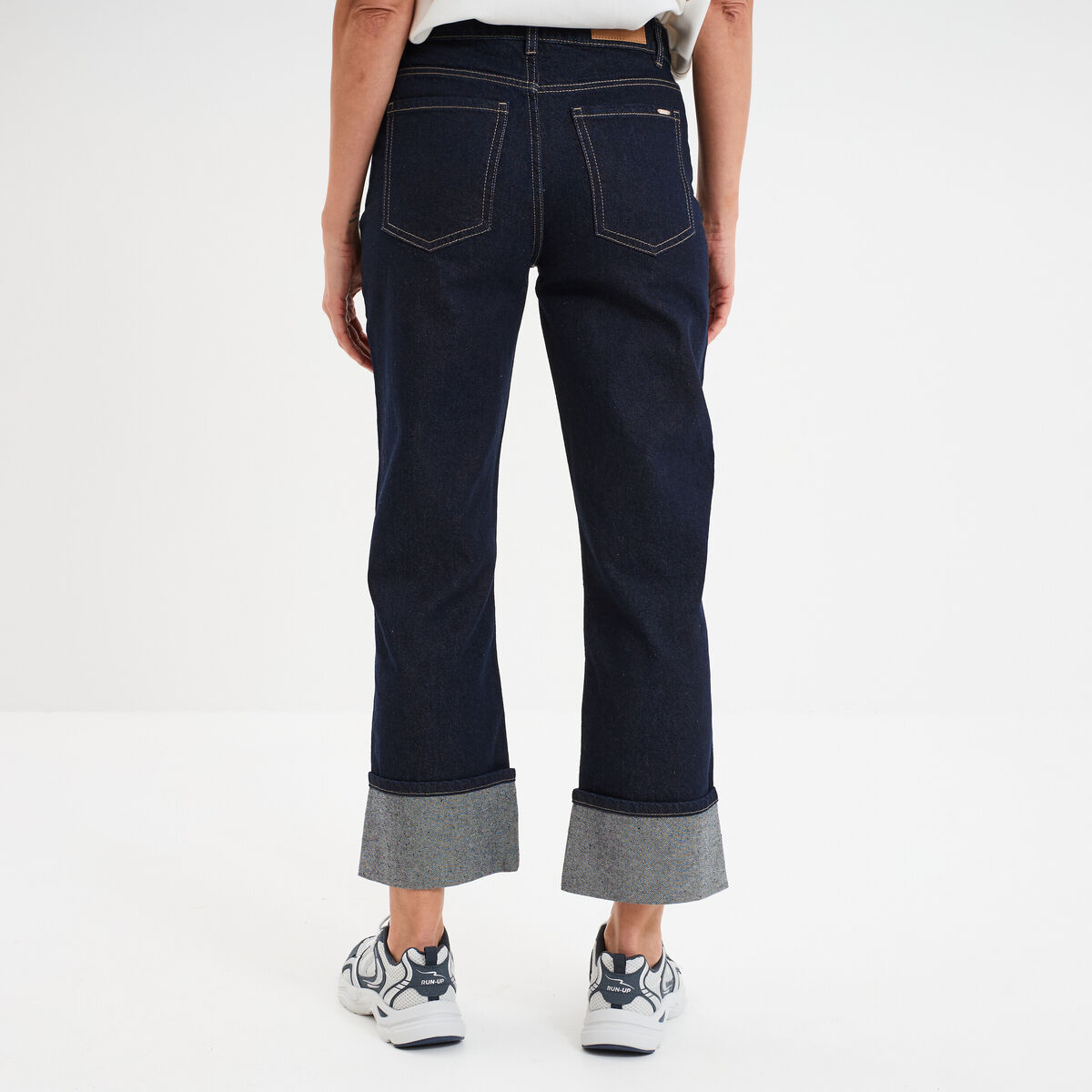 Jeans droit taille haute revers 7/8ème denim brut femme