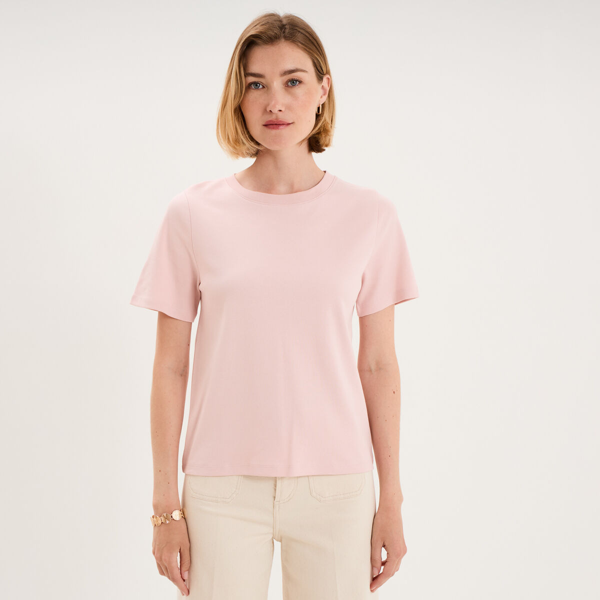 T-shirt col rond manches courtes coton rose pastel femme
