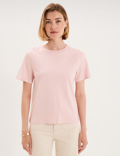 T-shirt col rond manches courtes coton rose pastel femme