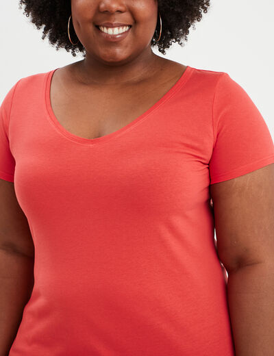 T-shirt col en V manches courtes coton rouge femme grande taille