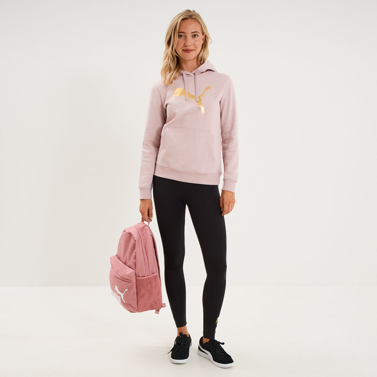 Sweat hoodie 1 poche &agrave; capuche Puma rose poudr&eacute;e femme