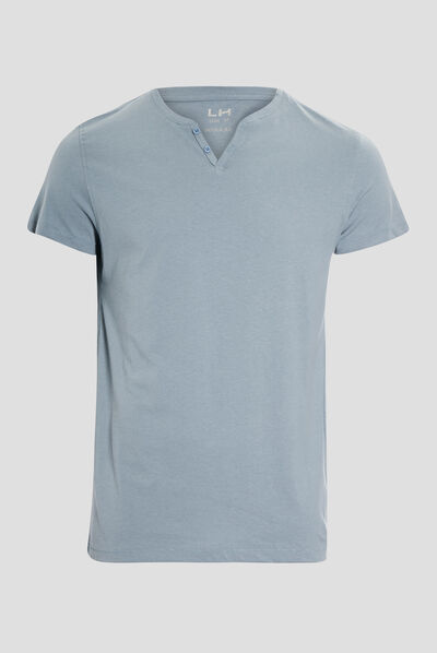 T-shirt manches courtes col tunisien bleu gris homme