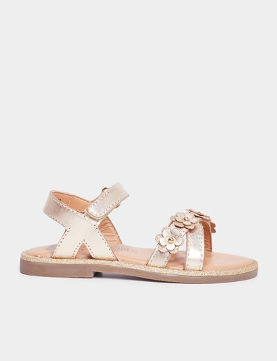 Sandales irisées avec fleurs en cuir jaune or fille