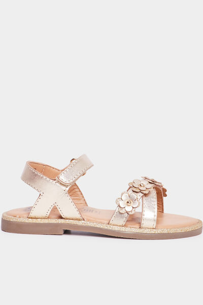 Sandales iris&eacute;es avec fleurs en cuir jaune or fille