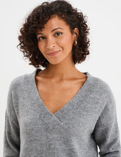 Pull droit ample col V fentes aux c&ocirc;t&eacute;s gris clair femme