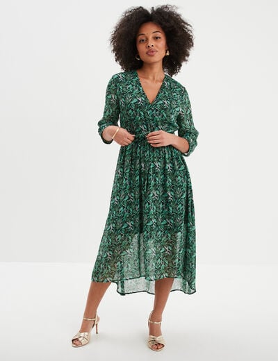 Robe midi col cache-coeur fluide vert femme