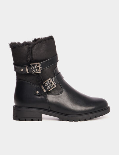 Boots motarde fourr&eacute;es avec boucles noir femme