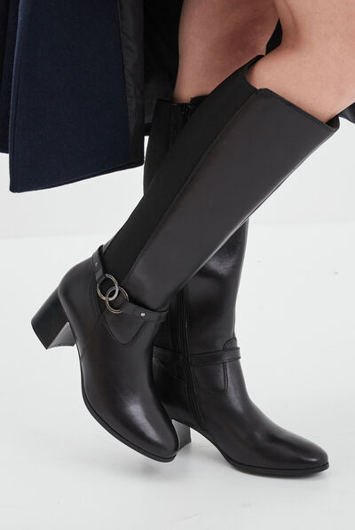 Bottes cavalières à talons en cuir noir femme