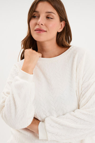 Sweat d&eacute;tails torsades manches longues blanc femme grande taille