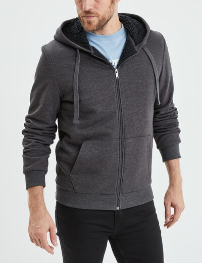 Sweat zippé doublure effet sherpa gris foncé homme