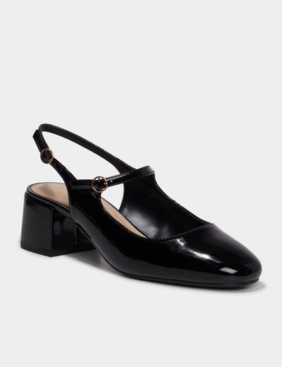 Escarpin slingback verni talon bloc noir femme